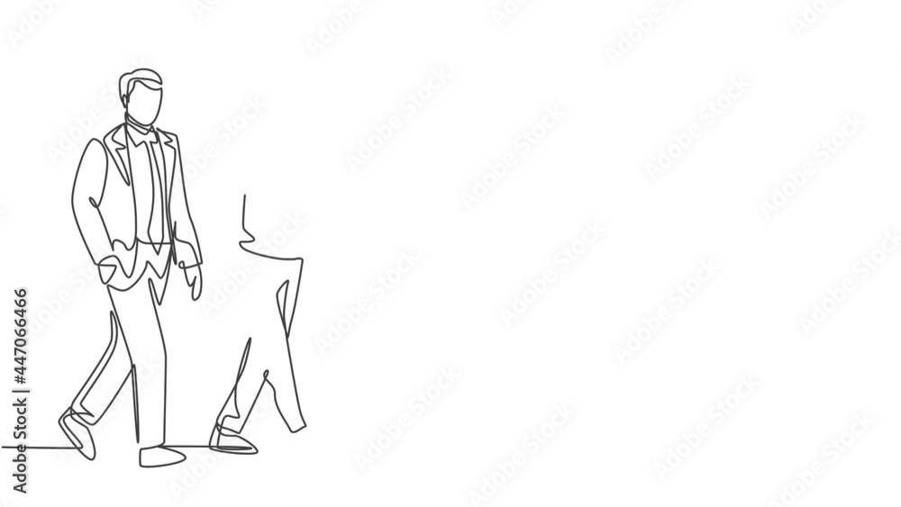 Self drawing animation of single line draw businessmen walking together colleague on street discussing work to go to office. Urban commuter workers concept. Continuous line draw. Full length animated. Self drawing animation of single line draw businessmen walking together colleague on street discussing work to go to office. Urban commuter workers concept. Continuous line draw. Full length animated.