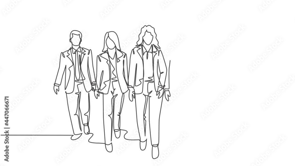 Animated self drawing of continuous line draw young male female workers walking together neatly in a row in city street go to office. Urban commuter workers concept. Full length single line animation. Animated self drawing of continuous line draw young male female workers walking together neatly in a row in city street go to office. Urban commuter workers concept. Full length single line animation.