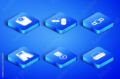 Set Sport bag, Bathroom scales, Medal, Boxing short, Vitamin pill and belt icon. Vector