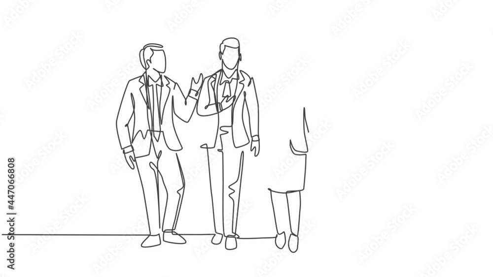 Animated self drawing of single continuous line draw young businessman businesswoman walking and talking together on office lobby. Urban commuter workers concept. Full length one line animation. Animated self drawing of single continuous line draw young businessman businesswoman walking and talking together on office lobby. Urban commuter workers concept. Full length one line animation.
