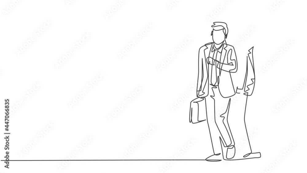 Self drawing animation of single line draw two male managers walking in hurry while looking his watch try not be late for work. Urban commuter worker concept continuous line draw. Full length animated Self drawing animation of single line draw two male managers walking in hurry while looking his watch try not be late for work. Urban commuter worker concept continuous line draw. Full length animated