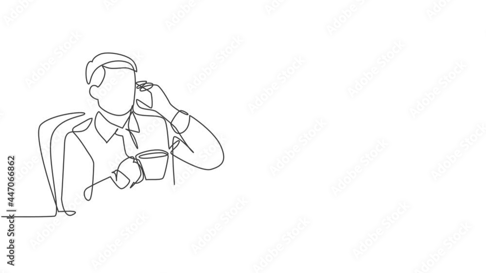 Self drawing animation of single line draw male employee holding smartphone during drinking cup coffee reading business journal on laptop. Business concept continuous line draw. Full length animated. Self drawing animation of single line draw male employee holding smartphone during drinking cup coffee reading business journal on laptop. Business concept continuous line draw. Full length animated.