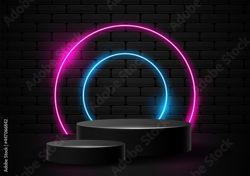 podium with neon light shapes illustration vector