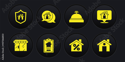 Set Market store, Location with house, House contract, percant discount, Hotel service bell, Real estate message, and shield icon. Vector
