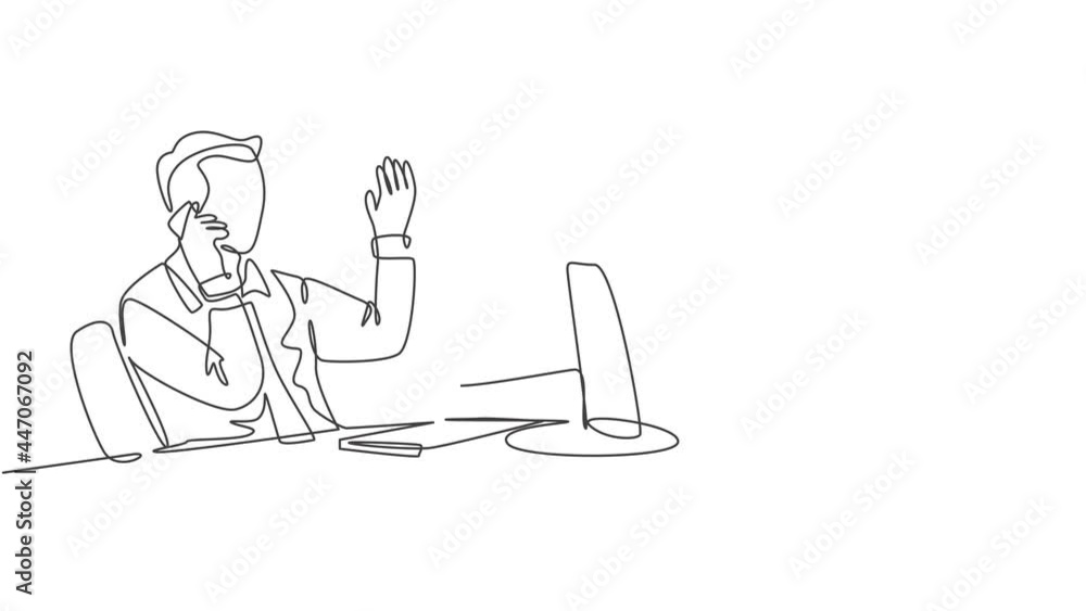 Animated self drawing of continuous line draw startup founder watch company growth report while receiving phone from investor. Business accountability concept. Full length single line animation. Animated self drawing of continuous line draw startup founder watch company growth report while receiving phone from investor. Business accountability concept. Full length single line animation.