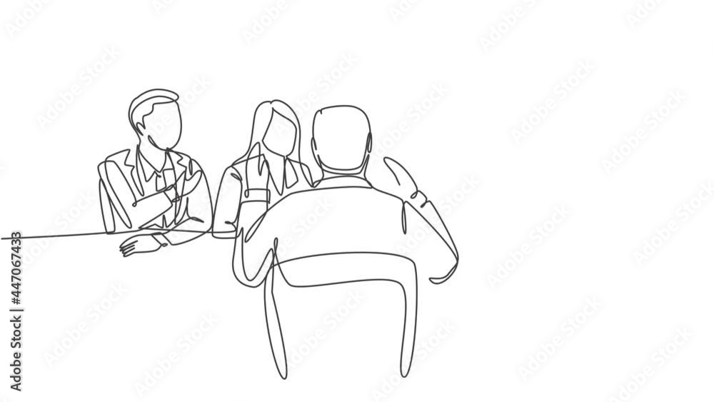 Animation of one single line drawing of interviewee being interviewed by some company managers for job vacancy. Job interview process concept. Continuous line self draw animated. Full length motion. Animation of one single line drawing of interviewee being interviewed by some company managers for job vacancy. Job interview process concept. Continuous line self draw animated. Full length motion.