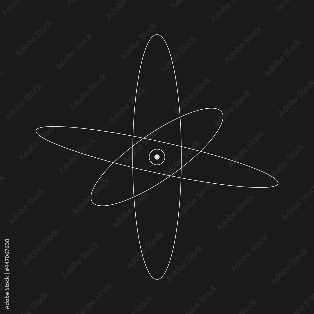 Retrofuturistic atom with orbits. Digital cyber retro design element. Atom in cyberpunk 80s style. Circular geometry for poster, cover, merch in retrowave style. Vector Retrofuturistic atom with orbits. Digital cyber retro design element. Atom in cyberpunk 80s style. Circular geometry for poster, cover, merch in retrowave style. Vector