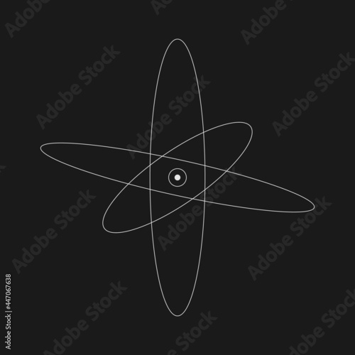 Retrofuturistic atom with orbits. Digital cyber retro design element. Atom in cyberpunk 80s style. Circular geometry for poster, cover, merch in retrowave style. Vector