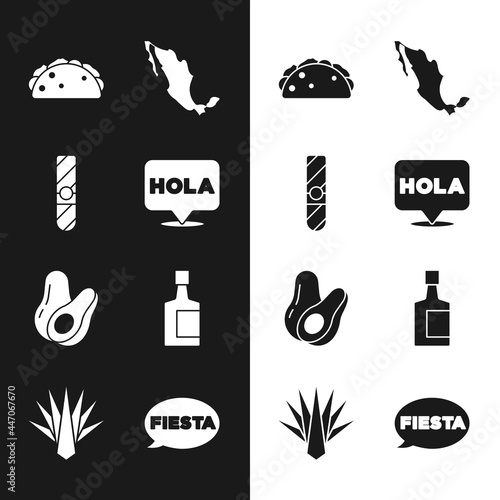 Set Hola, Cigar, Taco with tortilla, Map of mexican, Avocado fruit, Tequila bottle, Fiesta and Agave icon. Vector