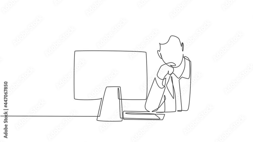 Animated self drawing of one continuous line draw tired male employee pensive seriously after staring reading sales data and work overload. Work overtime concept. Full length single line animation. Animated self drawing of one continuous line draw tired male employee pensive seriously after staring reading sales data and work overload. Work overtime concept. Full length single line animation.