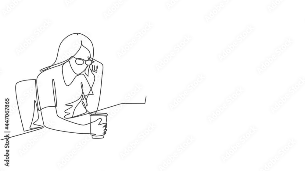 Self drawing animation of single line draw female businesswoman sitting, analyzing data chart on computer screen while hold a drink. Business analyze concept continuous line draw. Full length animated Self drawing animation of single line draw female businesswoman sitting, analyzing data chart on computer screen while hold a drink. Business analyze concept continuous line draw. Full length animated