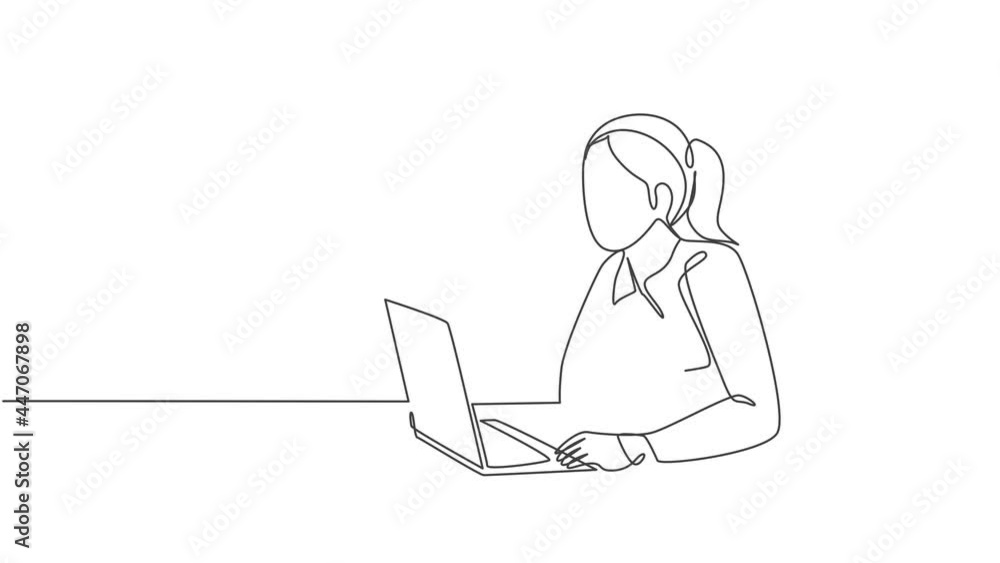 Self drawing animation of one single line draw female employee sitting in front of the laptop and thinking business solution at office. Business idea concept continuous line draw. Full length animated Self drawing animation of one single line draw female employee sitting in front of the laptop and thinking business solution at office. Business idea concept continuous line draw. Full length animated
