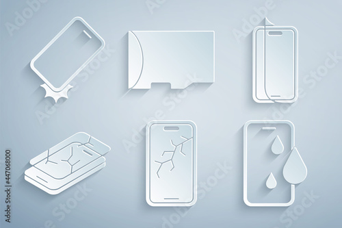 Set Mobile with broken screen, Glass protector, Waterproof phone, Micro SD memory card and Shockproof icon. Vector