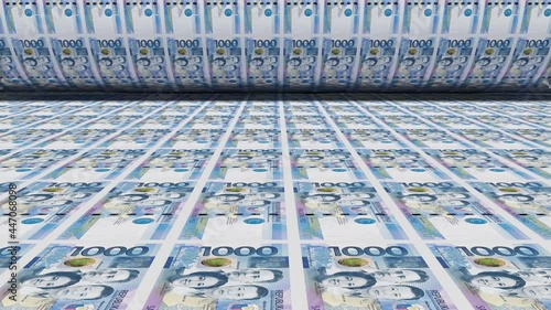 Inflation. Philippine peso banknotes or bills, PHP currency cash in Philippines. Stack of money printing machine. Paper process in central bank.Economic, finance. Laundering.Exchange. 3d illustration.