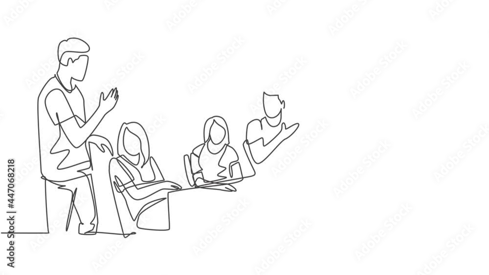 Self drawing animation of one single line draw startup CEO lead the company gathering and meeting with his team member at office. Business meeting concept continuous line draw. Full length animated. Self drawing animation of one single line draw startup CEO lead the company gathering and meeting with his team member at office. Business meeting concept continuous line draw. Full length animated.