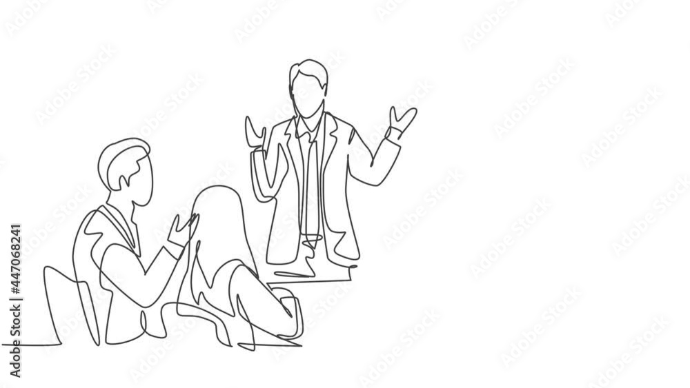 Self drawing animation of one single line draw businessman giving business coaching to class members at the office. Group training and meeting concept continuous line draw. Full length animated. Self drawing animation of one single line draw businessman giving business coaching to class members at the office. Group training and meeting concept continuous line draw. Full length animated.