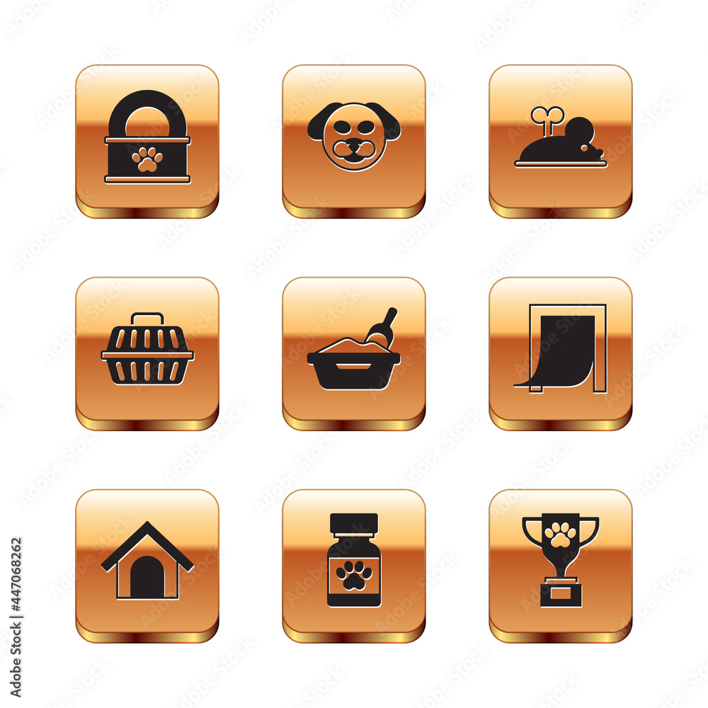 Set Canned food, Dog house, Medicine bottle and pills, Cat litter tray with shovel, Pet carry case, Clockwork mouse, award and icon. Vector Set Canned food, Dog house, Medicine bottle and pills, Cat litter tray with shovel, Pet carry case, Clockwork mouse, award and icon. Vector