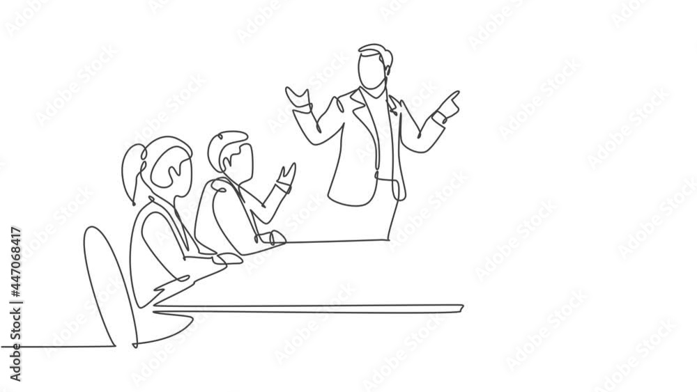 Self drawing animation of single continuous line draw businessman and businesswoman discussing in the office meeting room. Business meeting and presentation concept one line draw. Full length animated Self drawing animation of single continuous line draw businessman and businesswoman discussing in the office meeting room. Business meeting and presentation concept one line draw. Full length animated