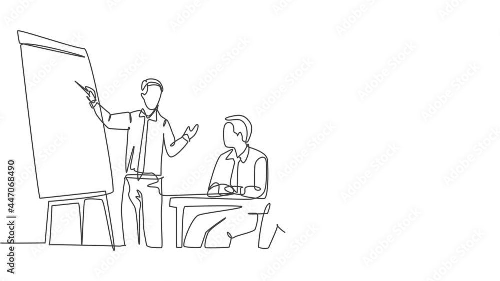 Animated self drawing of one continuous line draw trainer teaching lifeskill and interpersonal skill lessons to the young CEOs. Business training and meeting concept. Full length single line animation