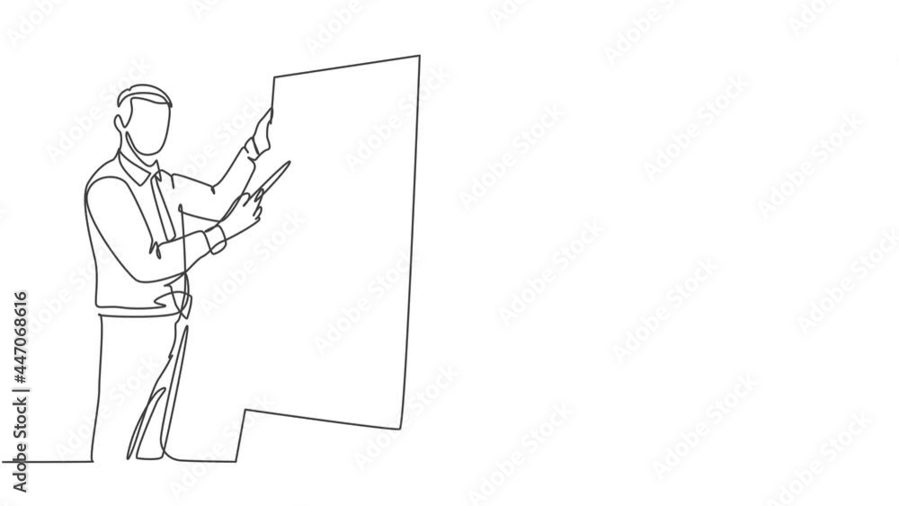 Animated self drawing of one continuous line draw manager writing business success formula on flip chart and share it to audience. Business training concept. Full length single line animation. Animated self drawing of one continuous line draw manager writing business success formula on flip chart and share it to audience. Business training concept. Full length single line animation.
