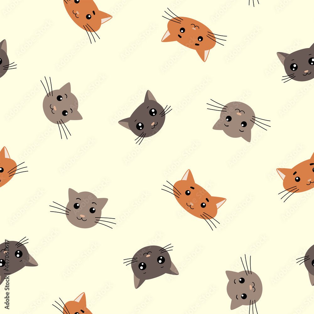 Naklejka Cute cartoon cat faces seamless pattern. Design sketch element for textile, prints for clothes. Vector illustration.