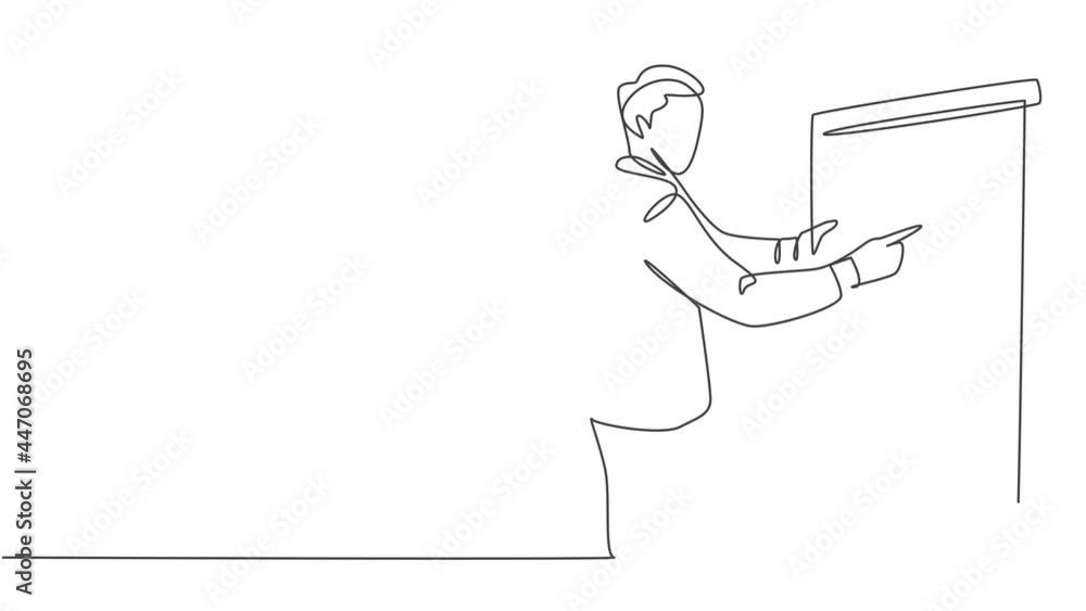 Self drawing animation of single line draw sales manager pointing a finger to infographic on screen board during meeting. Work presentation at office concept one line draw. Full length animated. Self drawing animation of single line draw sales manager pointing a finger to infographic on screen board during meeting. Work presentation at office concept one line draw. Full length animated.