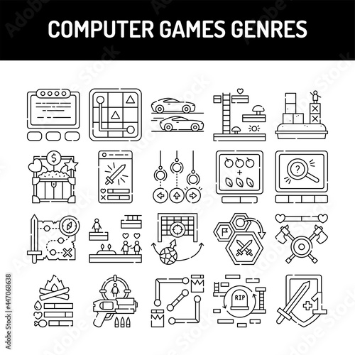 Computer games genres olor line icons set. Pictogram for web page