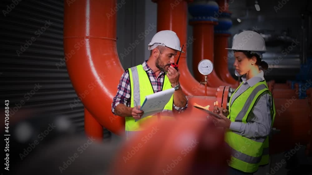 A engineer under checking the industry cooling tower air conditioner is water cooling tower air chiller HVAC of large industrial building to control air system.