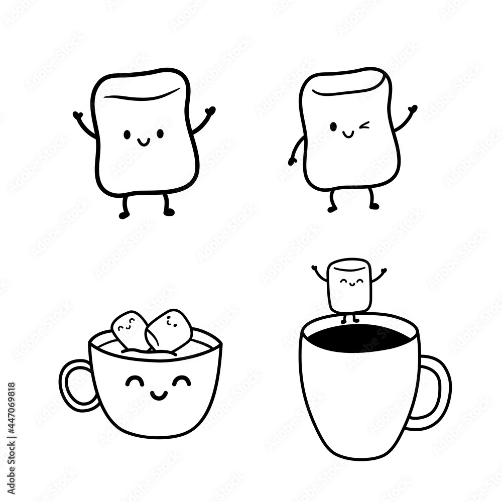 Cute Marshmallow characters with different facial expressions. Marshmallows float in a cup of cocoa, coffee or hot chocolate. Kawaii sweets with legs and hands vector illustration in line style. Cute Marshmallow characters with different facial expressions. Marshmallows float in a cup of cocoa, coffee or hot chocolate. Kawaii sweets with legs and hands vector illustration in line style.