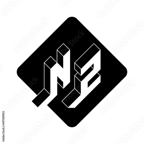 N and Z - Monogram or logotype. Isometric 3d font for design. NZ - 2-letter code. Three-dimension letters on a diamond-shaped substrate.