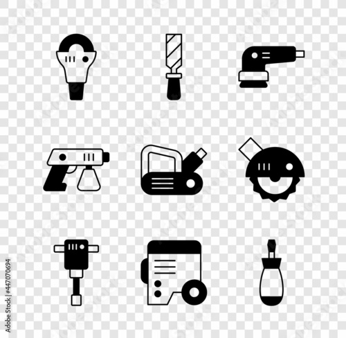 Set Angle grinder, Rasp metal file, Electric sander, Construction jackhammer, Power electric generator, Screwdriver, Paint spray gun and planer tool icon. Vector