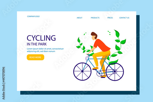 Man riding  bicycle in the park. Illustration for active lifestyle, training, cardio. illustration in flat style. 