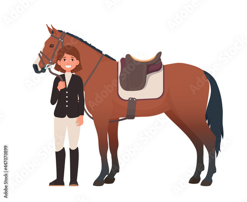 Jockey girl and horse. Champion. Horseback Riding. Vector illustration isolated on white background