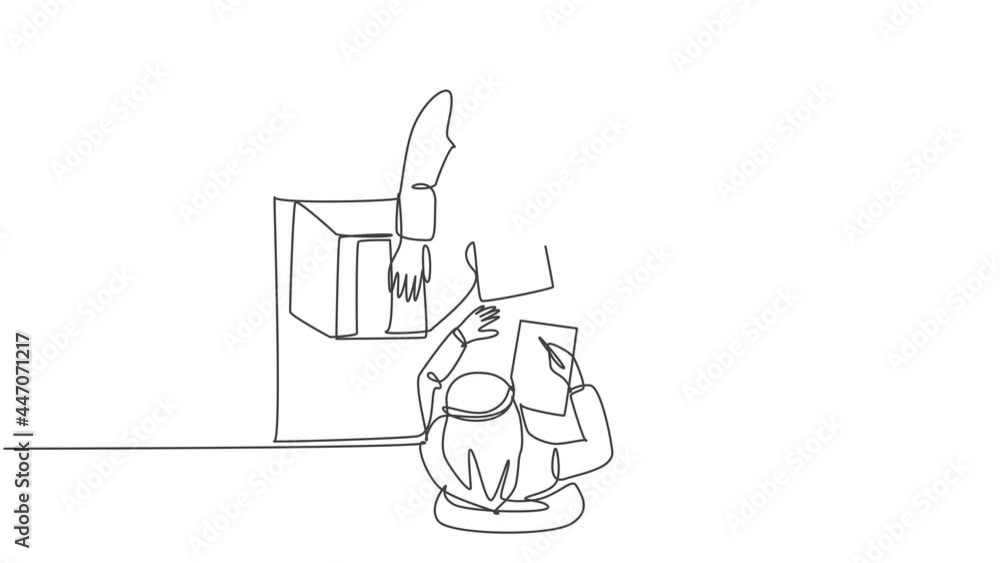 Animation of one line drawing of muslim businessman discussing contract deal with colleague, from top view. Saudi Arabia cloth headscarf, thobe. Continuous line self draw animated. Full length motion. Animation of one line drawing of muslim businessman discussing contract deal with colleague, from top view. Saudi Arabia cloth headscarf, thobe. Continuous line self draw animated. Full length motion.
