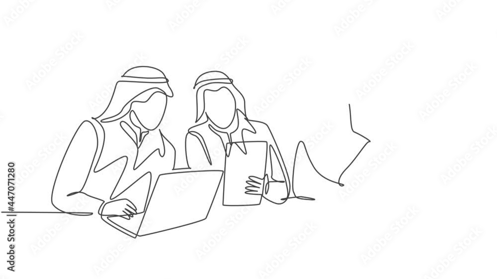 Animation of one line drawing of muslim businessman discussing deal project together. Saudi Arabia cloth shmag, kandora, headscarf, thobe, hijab. Continuous line self draw animated. Full length motion Animation of one line drawing of muslim businessman discussing deal project together. Saudi Arabia cloth shmag, kandora, headscarf, thobe, hijab. Continuous line self draw animated. Full length motion