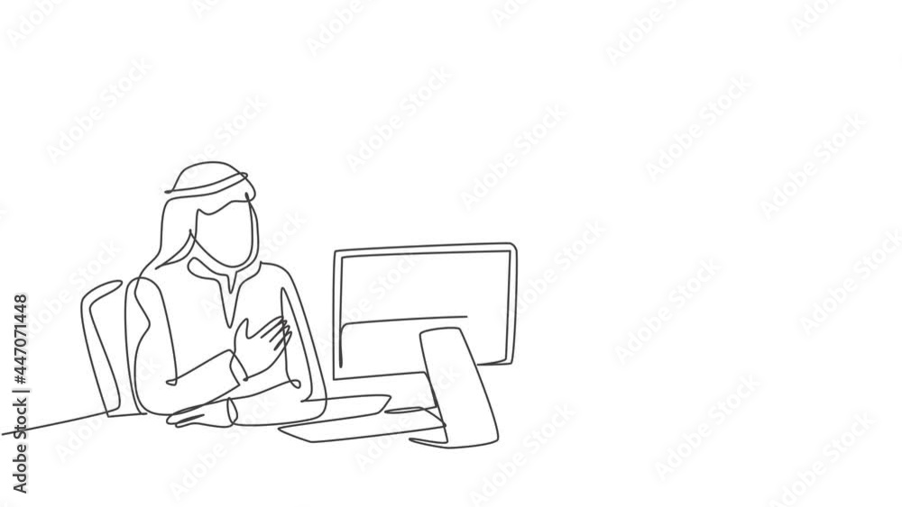 Animated self drawing of continuous line draw muslim startup team member discussing company business strategy together. Islamic clothing kandura, scarf, keffiyeh. Full length single line animation.