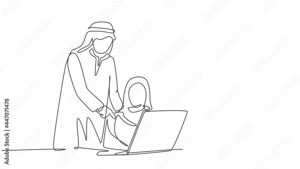 Animated self drawing of continuous line draw young happy muslim workers watching business training video on laptop. Arab middle east cloth shmagh, hijab, thawb, robe. Full length one line animation. Animated self drawing of continuous line draw young happy muslim workers watching business training video on laptop. Arab middle east cloth shmagh, hijab, thawb, robe. Full length one line animation.