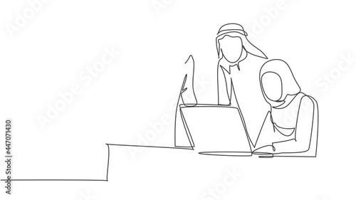 One single line drawing of young happy muslim workers discussing sales marketing strategy. Saudi Arabia cloth shmag, kandora, headscarf, thobe, ghutra. Continuous line draw design vector illustration photo