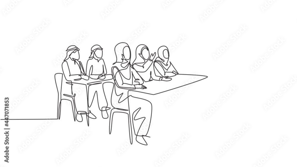 Animated self drawing of continuous line draw young muslim business founder do presentation during team meeting. Arab middle east cloth shmagh, kandura, thawb, robe. Full length one line animation. Animated self drawing of continuous line draw young muslim business founder do presentation during team meeting. Arab middle east cloth shmagh, kandura, thawb, robe. Full length one line animation.