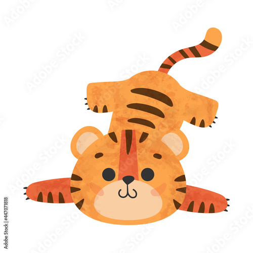 Cute lying tiger, tiger cub with brown stripes, symbol of new 2022 year on white background. Vector illustration for postcard, banner, web, decor, design, arts, calendar.