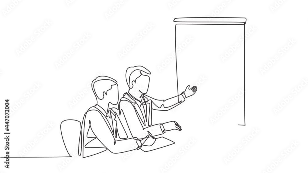 Animated self drawing of continuous line draw young muslim startup founder do pitching presentation to prospective investor. Arab middle east cloth kandura, thawb, robe. Full length one line animation Animated self drawing of continuous line draw young muslim startup founder do pitching presentation to prospective investor. Arab middle east cloth kandura, thawb, robe. Full length one line animation