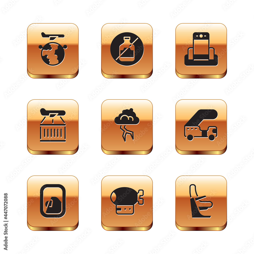 Set Globe with flying plane, Airplane window, Airship, Storm, Plane, Metal detector airport, seat and No alcohol icon. Vector Set Globe with flying plane, Airplane window, Airship, Storm, Plane, Metal detector airport, seat and No alcohol icon. Vector