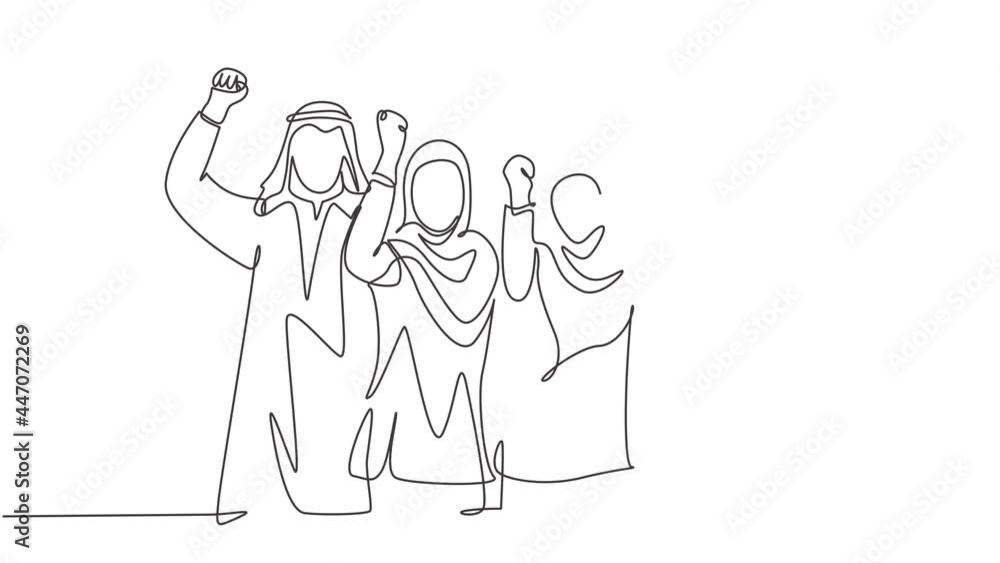Animated self drawing of continuous line draw young muslim business people celebrate project deal. Arab middle east businessmen with shemagh, kandura, thawb robe cloth. Full length one line animation. Animated self drawing of continuous line draw young muslim business people celebrate project deal. Arab middle east businessmen with shemagh, kandura, thawb robe cloth. Full length one line animation.