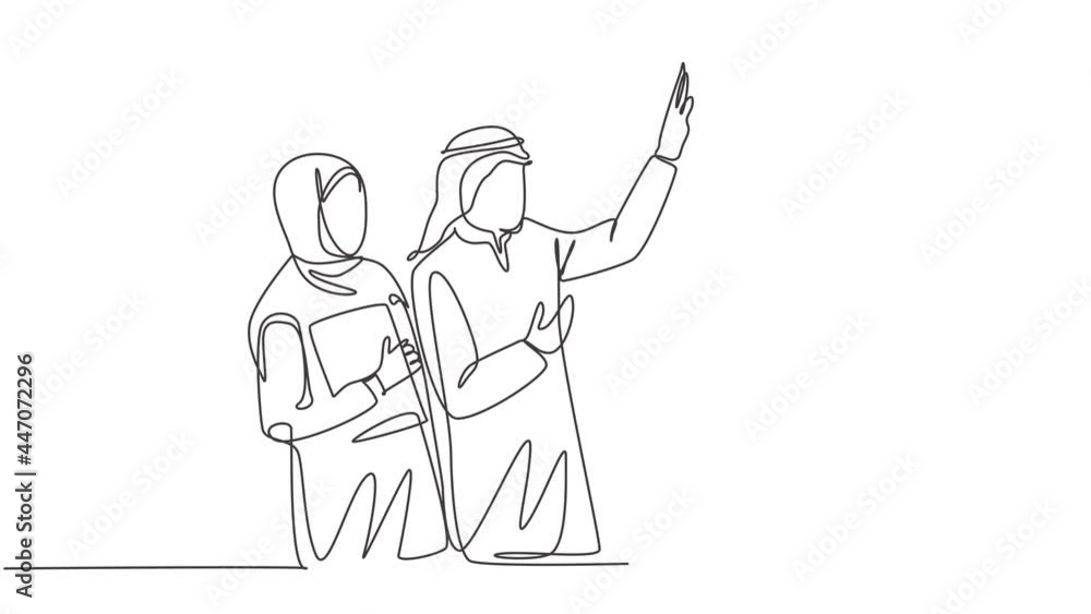 Animation of one line drawing of muslim employees giving high five gesture to friends. Arabian businessmen with shmag, kandora, headscarf, thobe. Continuous line self draw animated. Full length motion Animation of one line drawing of muslim employees giving high five gesture to friends. Arabian businessmen with shmag, kandora, headscarf, thobe. Continuous line self draw animated. Full length motion