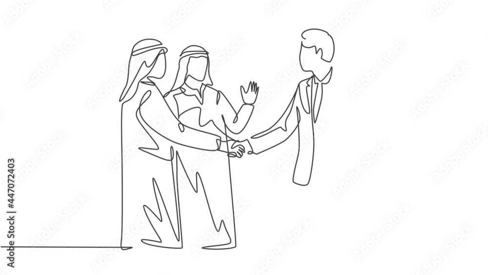 Animated self drawing of continuous line draw young muslim businessman handshake after deal project. Saudi Arabian businessmen with kandura, scarf, keffiyeh clothing. Full length single line animation Animated self drawing of continuous line draw young muslim businessman handshake after deal project. Saudi Arabian businessmen with kandura, scarf, keffiyeh clothing. Full length single line animation