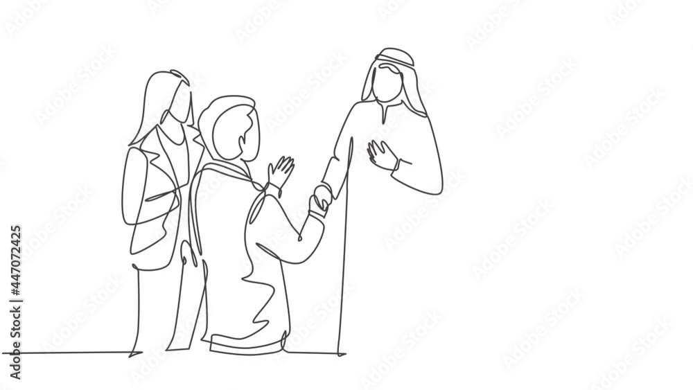 Animated self drawing of continuous line draw muslim businessman do meeting with client. Saudi Arabian businessmen with shemag, kandura, scarf, keffiyeh clothing. Full length single line animation. Animated self drawing of continuous line draw muslim businessman do meeting with client. Saudi Arabian businessmen with shemag, kandura, scarf, keffiyeh clothing. Full length single line animation.
