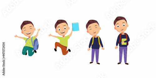 A set, a happy boy in different poses with books and backpacks goes to school. illustration in a cartoon flat style.
