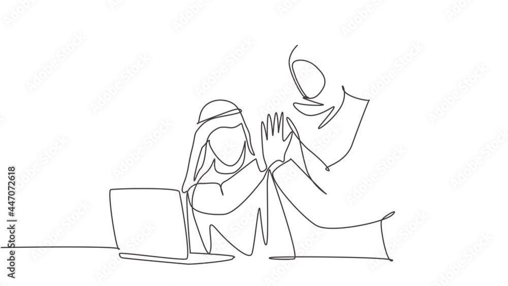 Animation of one line drawing of muslim marketer giving high five to his partner. Arabia businessmen with shemagh, kandora, headscarf, thobe. Continuous line self draw animated. Full length motion. Animation of one line drawing of muslim marketer giving high five to his partner. Arabia businessmen with shemagh, kandora, headscarf, thobe. Continuous line self draw animated. Full length motion.