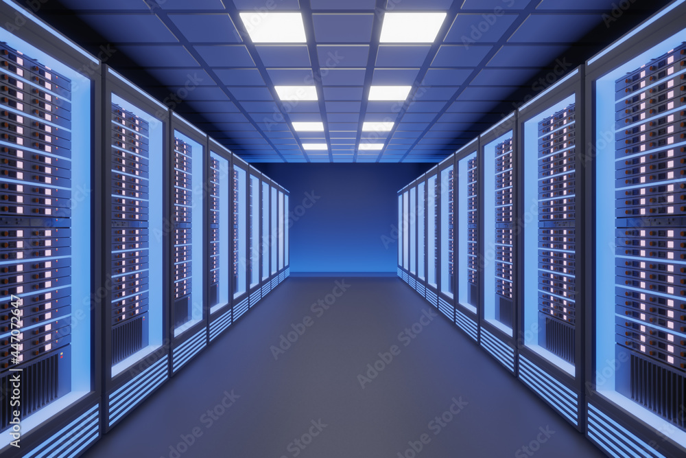 Fototapeta premium Hosting server computer room with blue light in the black color theme. 3D illusration rendering.
