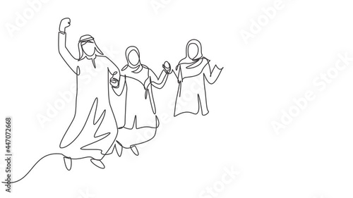 Animation of one line drawing of business people muslim jump together to celebrate. Arabian businessmen with shmag, kandora, headscarf, ghutra. Continuous line self draw animated. Full length motion. photo